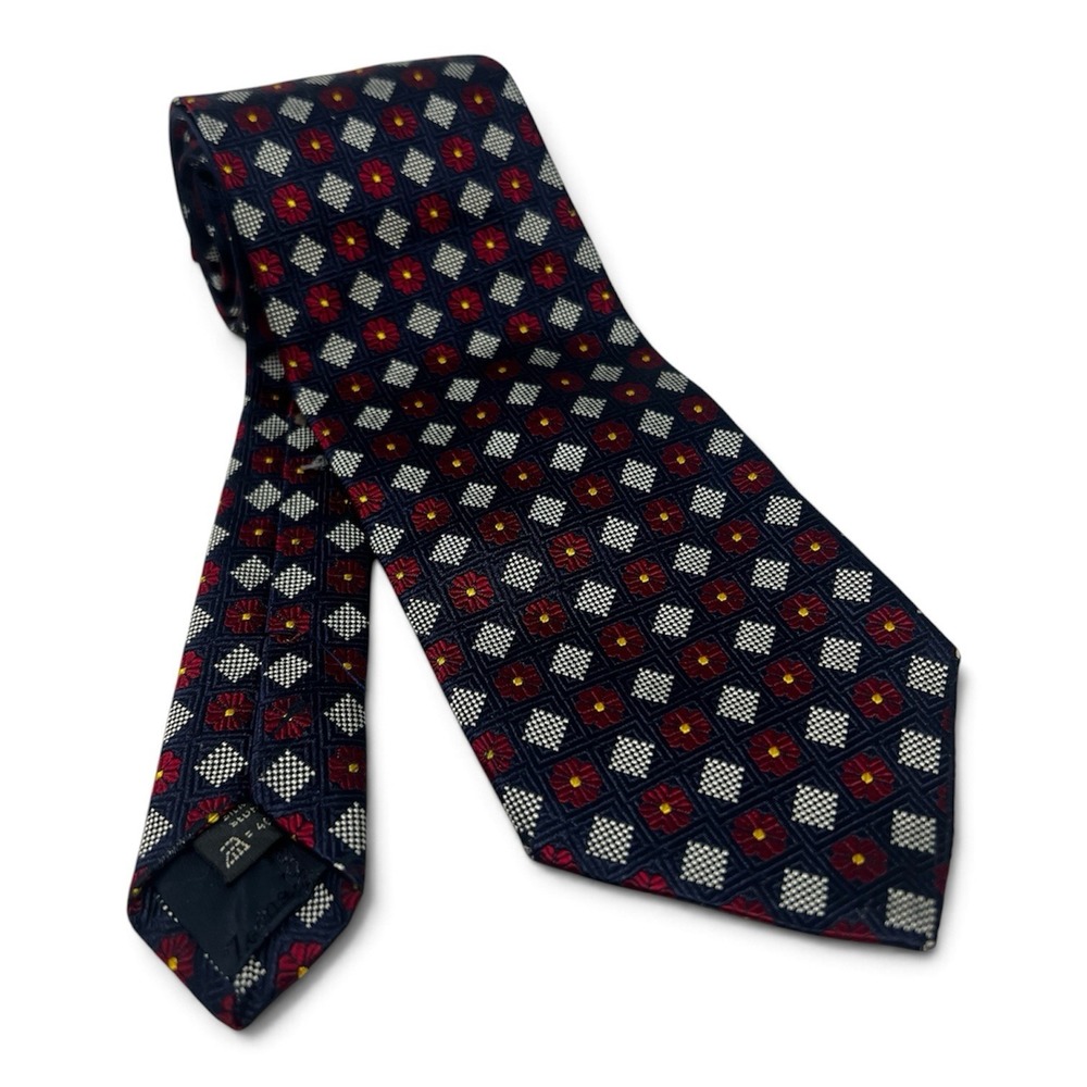 ERMENEGILDO ZEGNA made in ITALY 100% Silk Tie Men's Navy Red Necktie Geometric